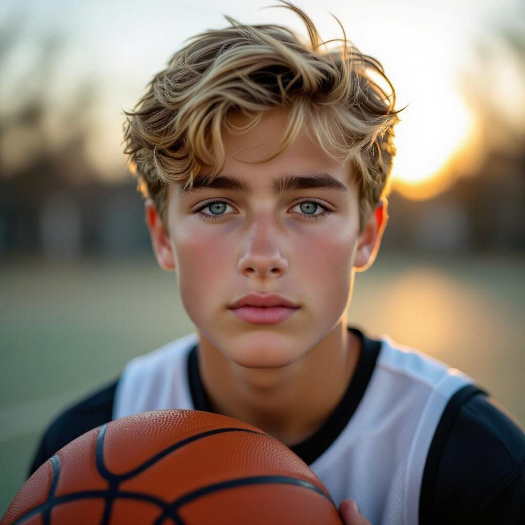 Teenage Boy with Basketball During Golden Hour