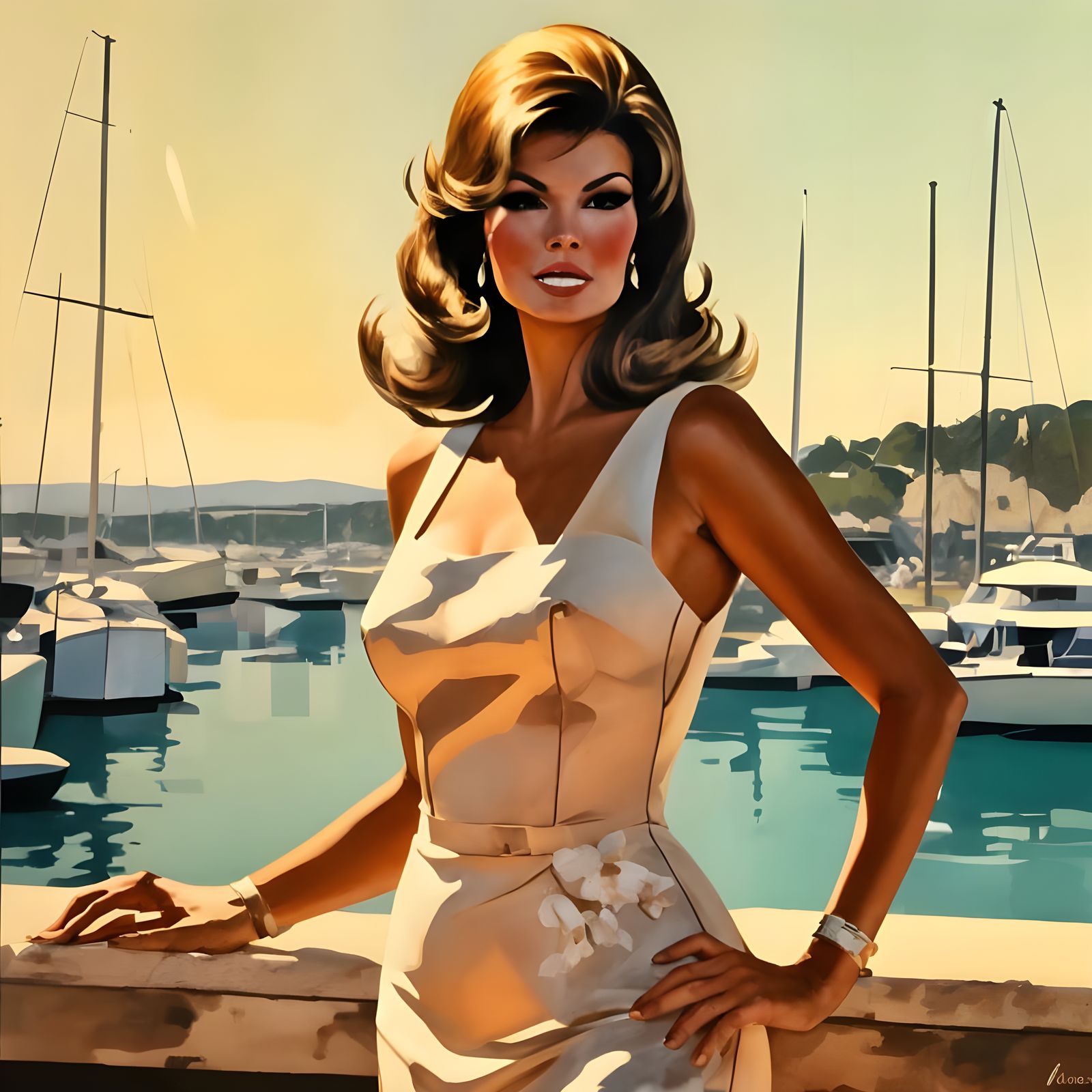 Impressionist Marina Scene with Raquel Welch in 1960s Pastel...
