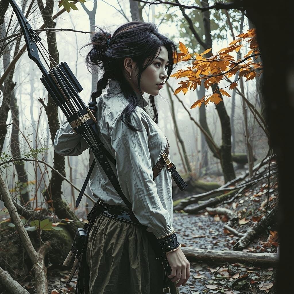 Female Archer Watches Over Forest Trail
