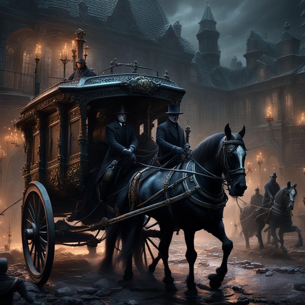 Thestrals Pulling Undertaker Carriage in Dark Fantasy Art