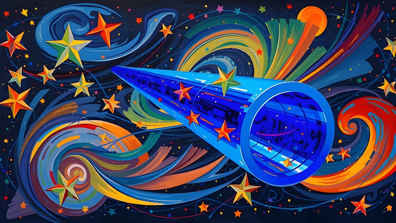 Surreal Cosmos: Cylinder Racing Through Impasto Starscape