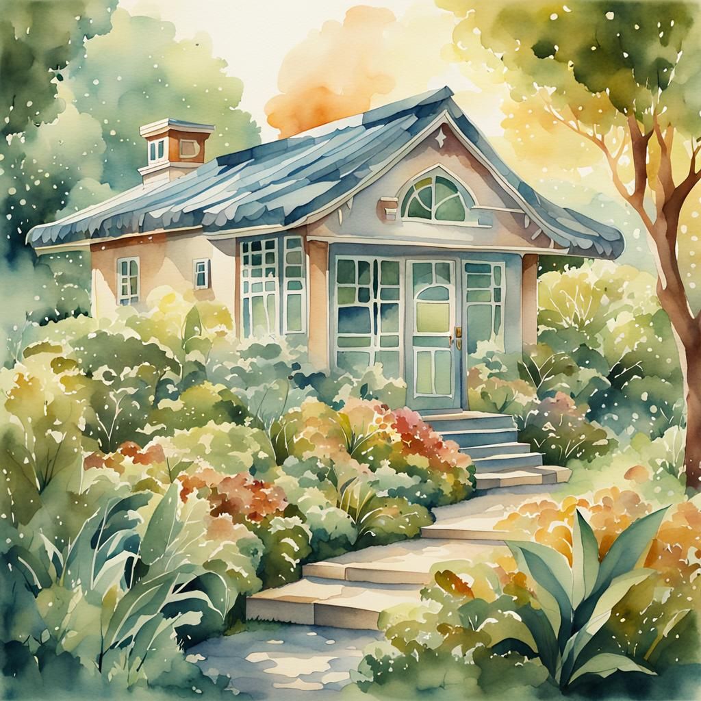 Art Deco House in Lush Garden Watercolor