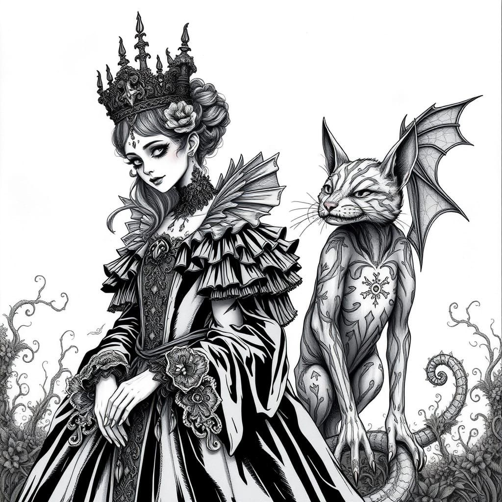 Gothic Princess with Twisted Feline Companion, in Black Line...
