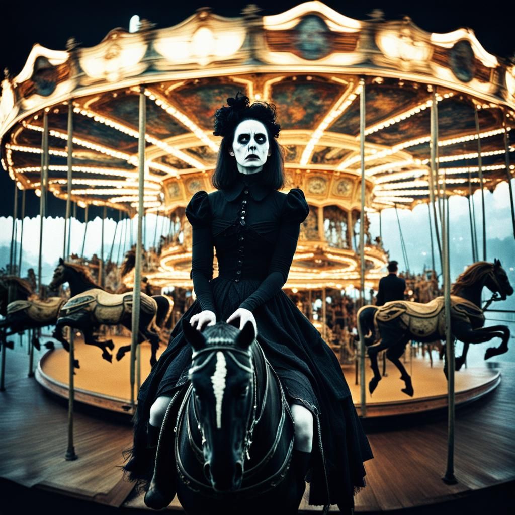 Goth Woman on Scary Carousel: 1980s Glitch Photo