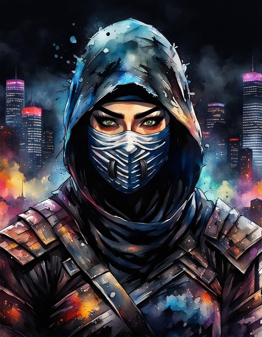 Ninja Warrior Woman in Dark Fantasy Watercolor