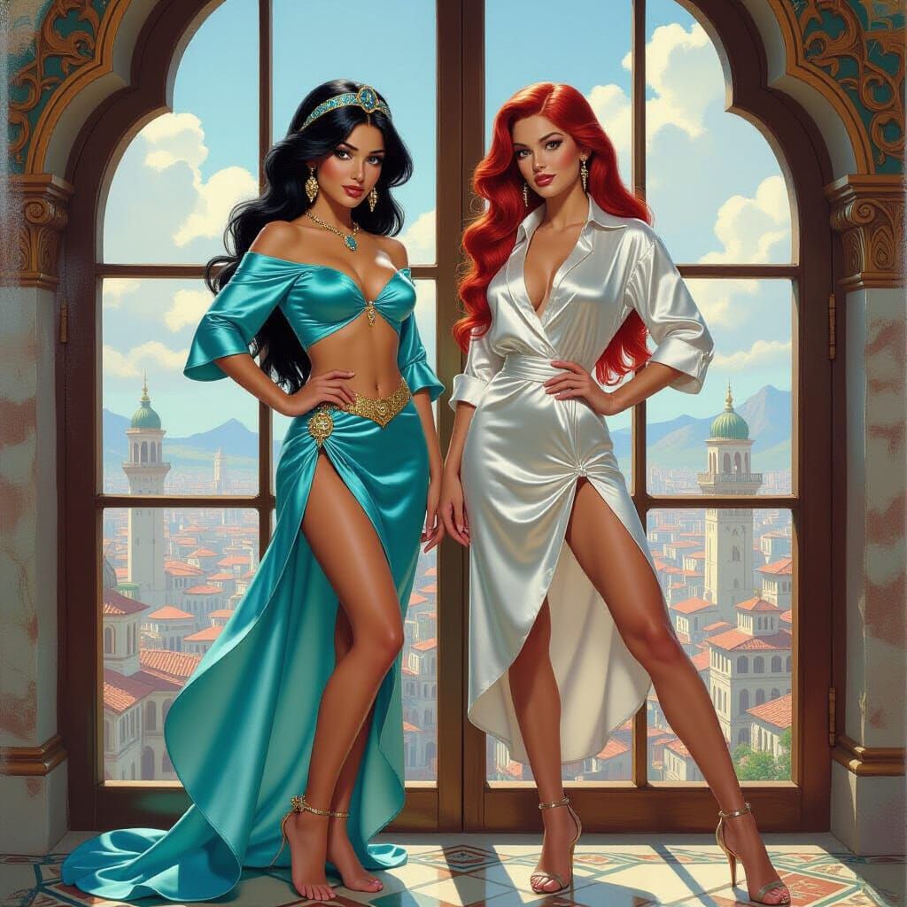 Jasmine and Ariel in Fantasy City, Oil Painting Style