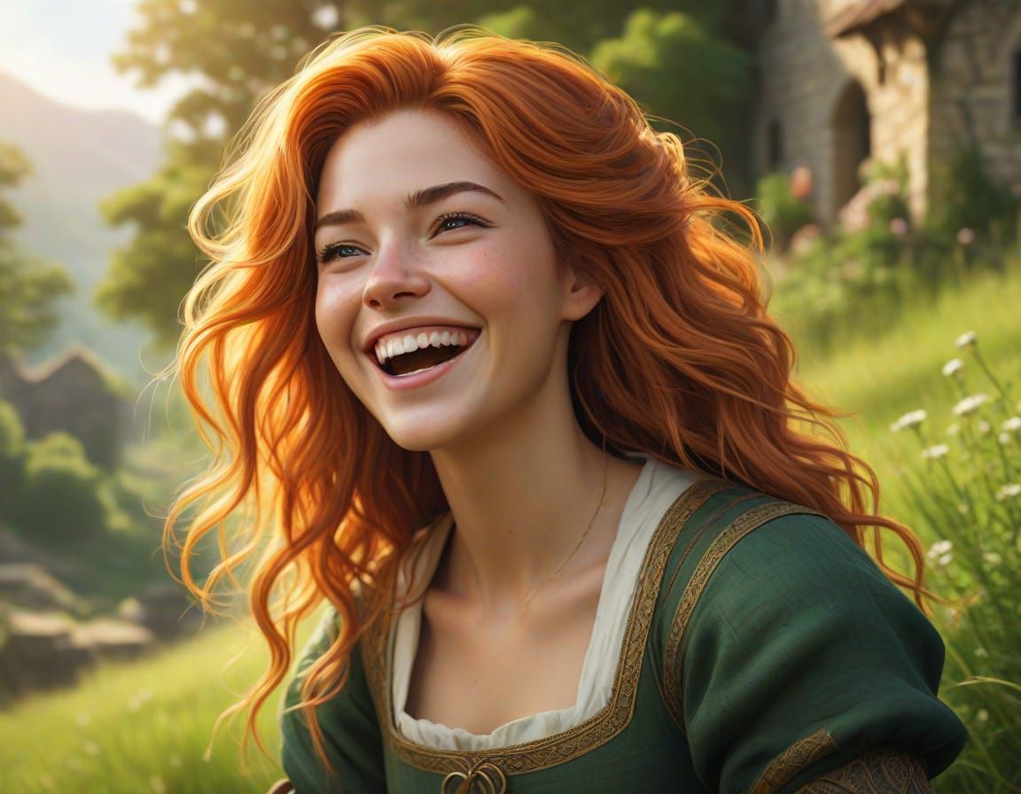 Young Woman Laughing in Medieval Fantasy Setting