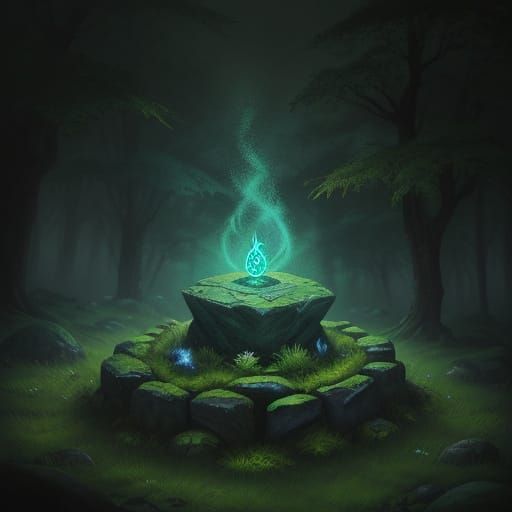 Mysterious Glowing Stone in Ancient Forest