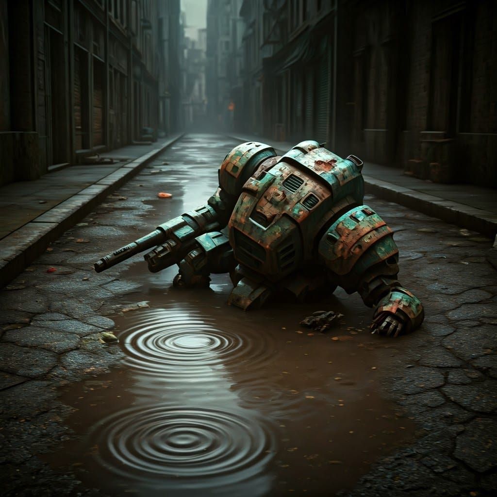 Abandoned Mech Action Figure in Dystopian Setting