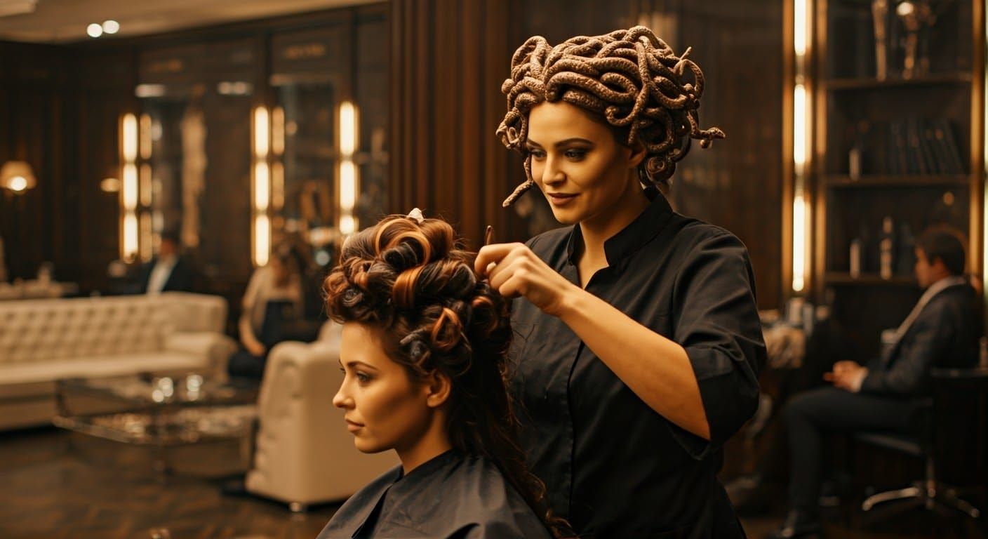 Happy Medusa as Glamorous Hairstylist in High-End City Salon