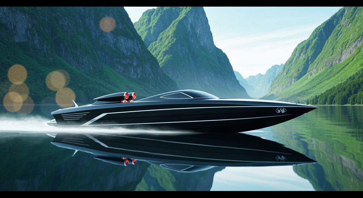 Futuristic Retro Speedboat on Reflective Waters with Emerald...