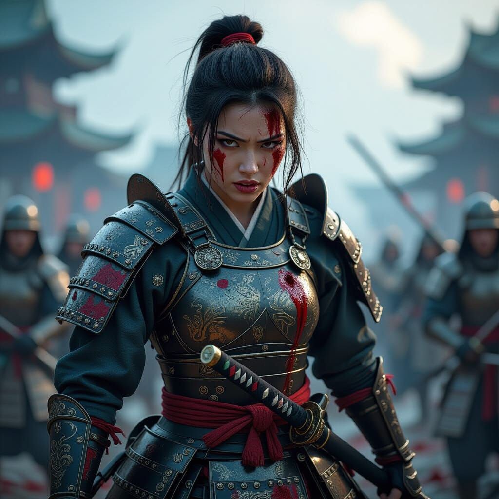 Furious Samurai Woman Stands Amidst Battlefield