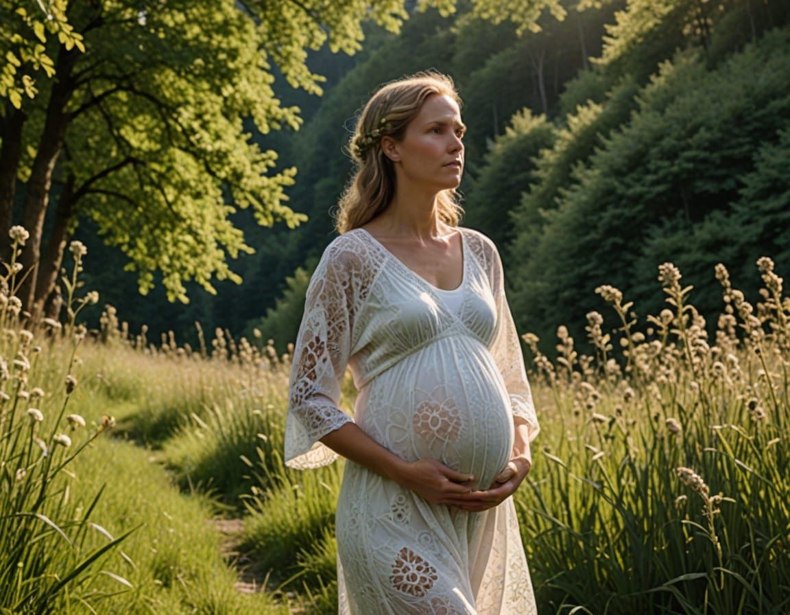 Pregnant Woman Stands Naked in Nature