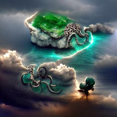 Emerald Octopus Island Under Dramatic Sky