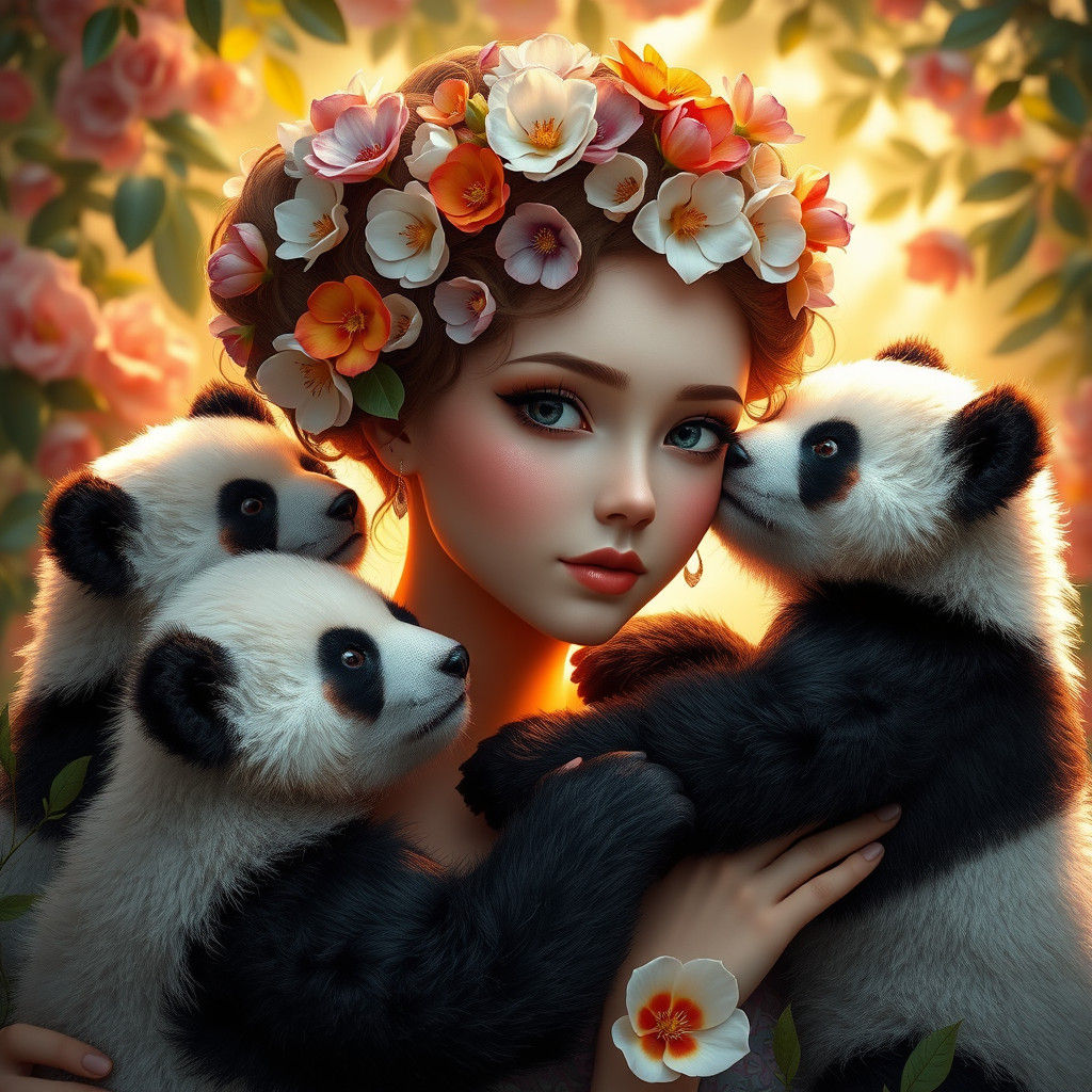Fantasy Flower Girl Portrait with Pandas in Art Nouveau Styl...