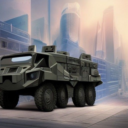 Futuristic Military Vehicle in Urban Landscape