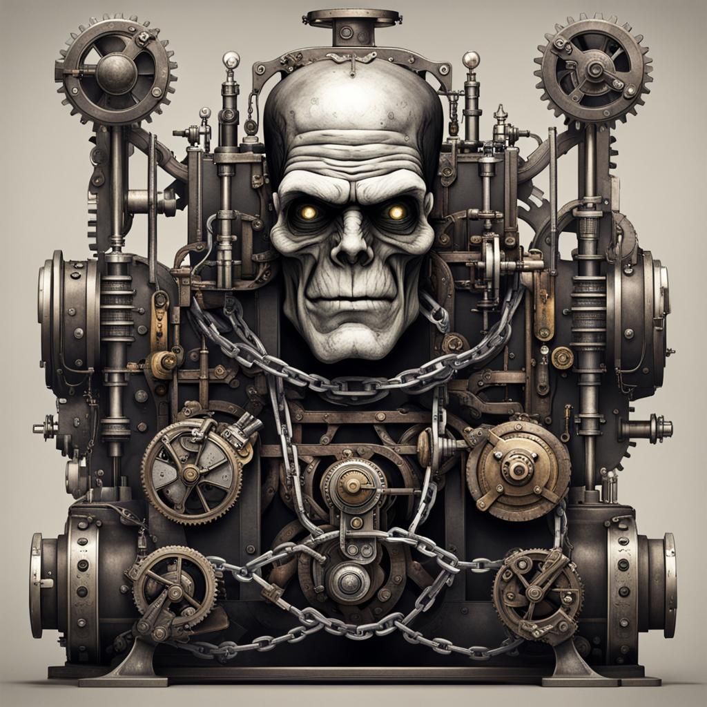 Frankenstein's Monster Shackled in Steampunk Machine