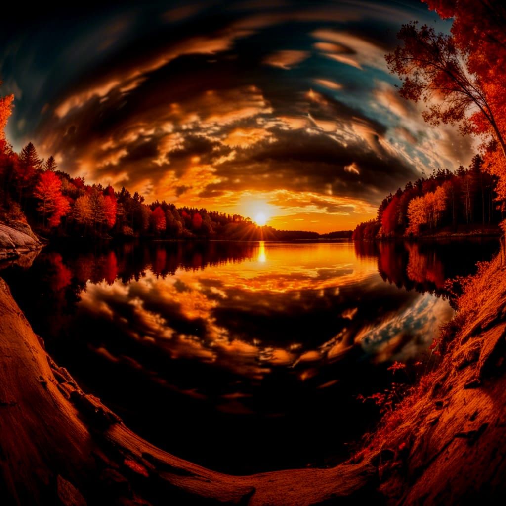 Autumn Sunset on Laurentian Lake with Fisheye Lens