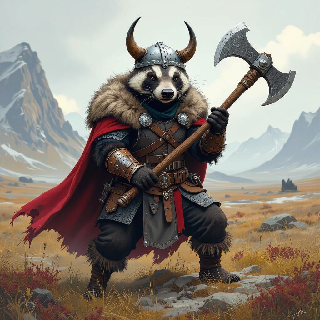 Armored Honey Badger Viking in Nordic Landscape