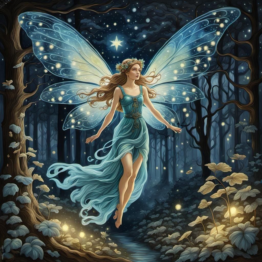 Forest Fairy Flight in Art Nouveau Style