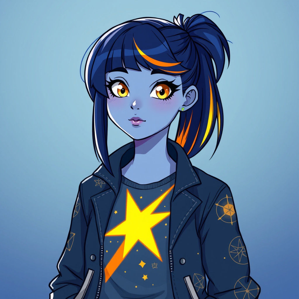 Blue-Skinned Girl with Golden Eyes in Animated Style