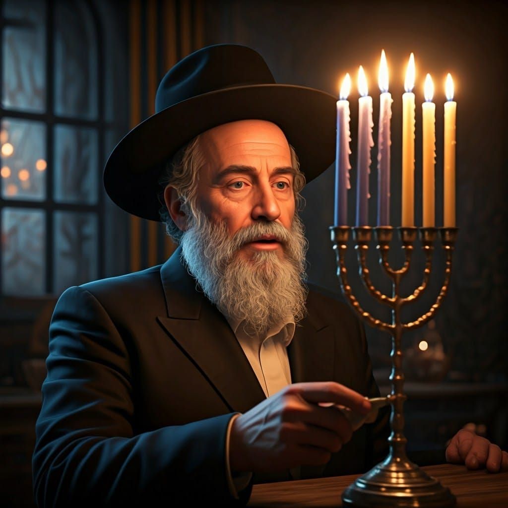 Chasidic Father Lights Menorah in Fantasy Art Style