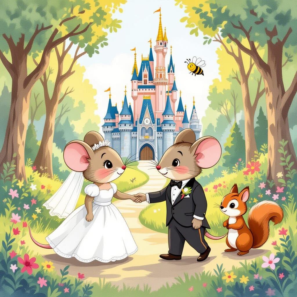 Mouse Wedding in Forest, Watercolor Illustration