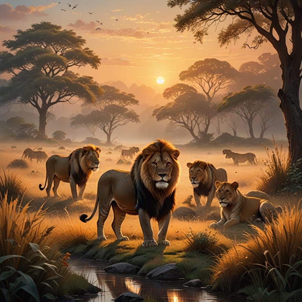 Majestic Lions in Dreamy Savannah Landscape