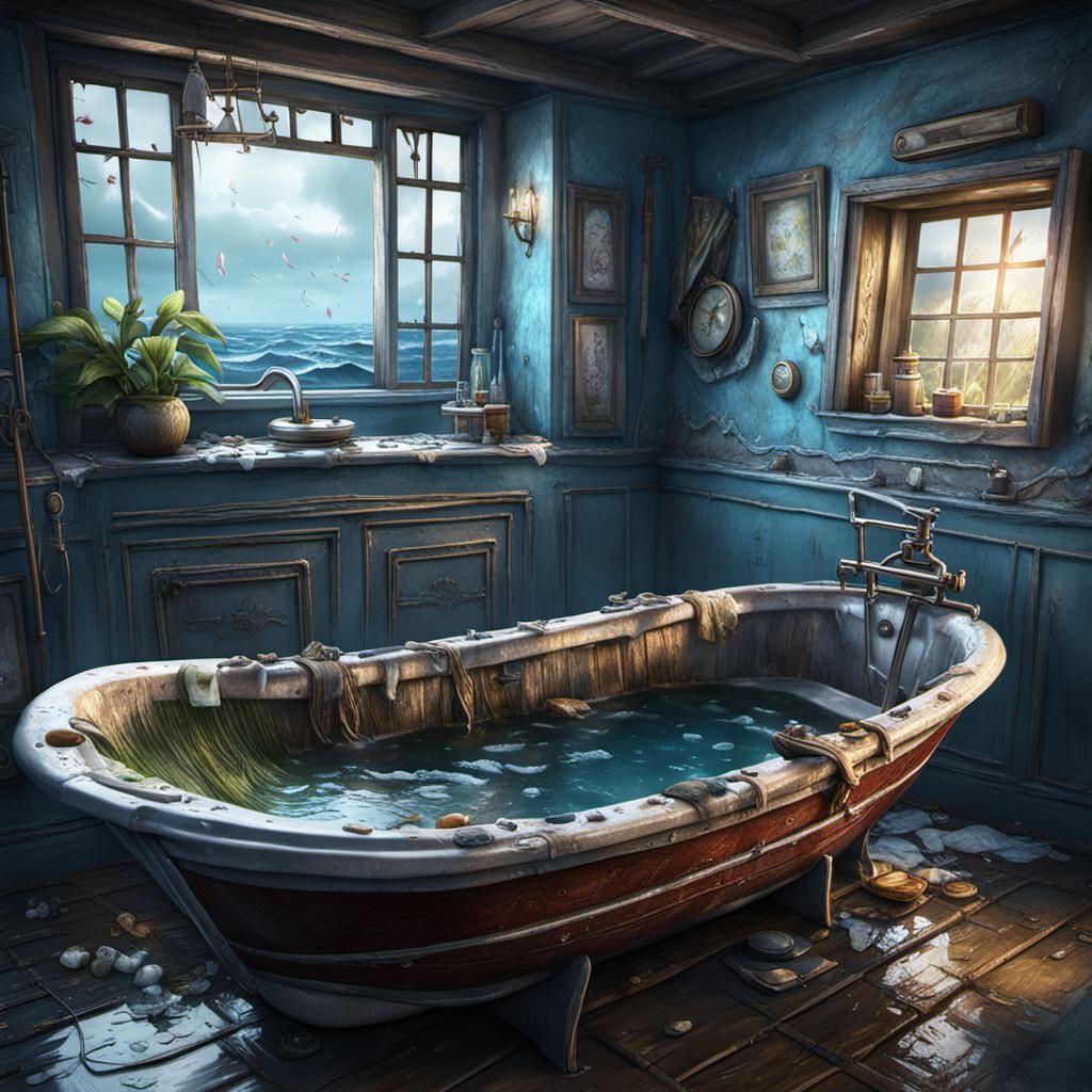 Fishing Boat in Bathtub: Detailed Matte Painting