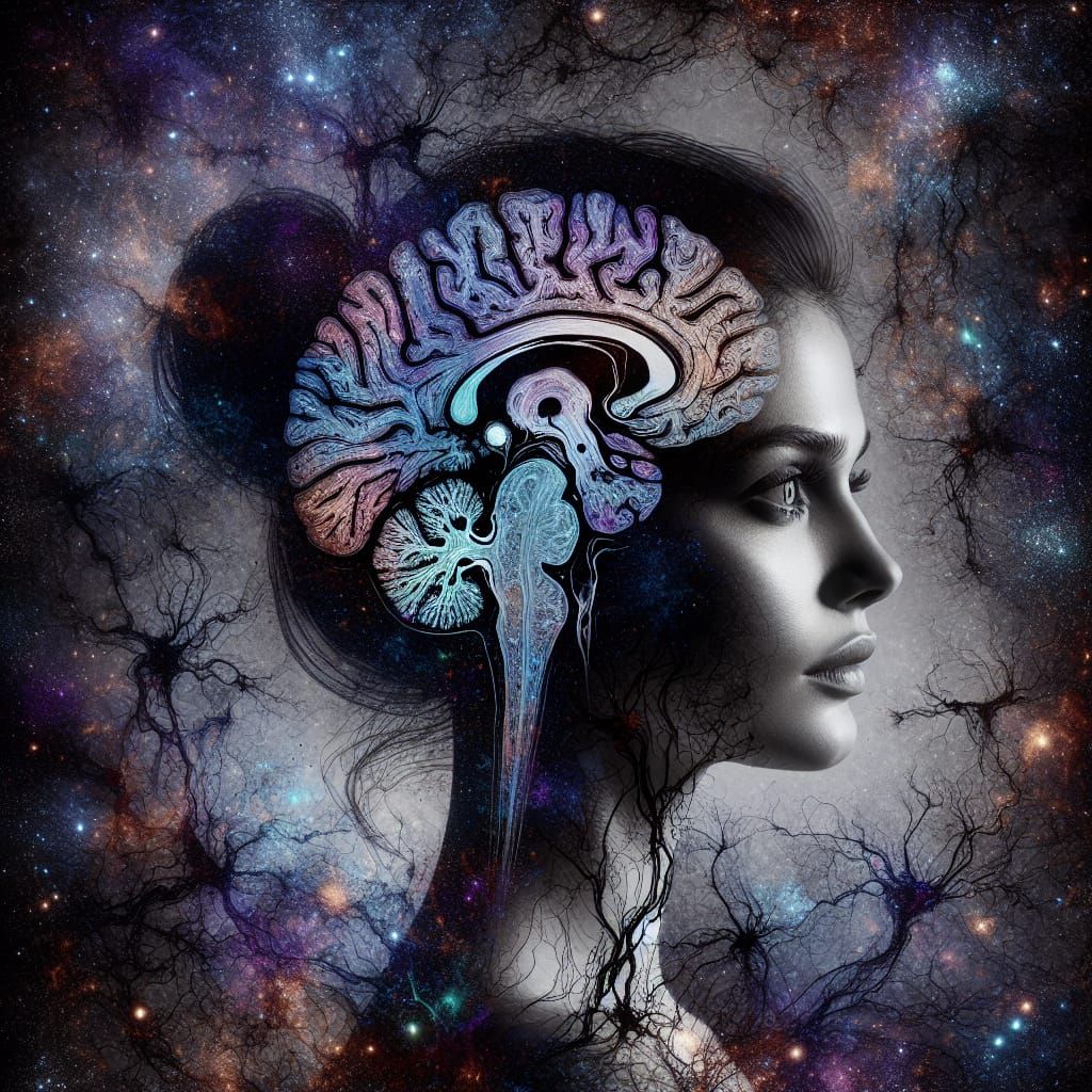 Woman's Brain: Mycelium and MRI in Double Exposure