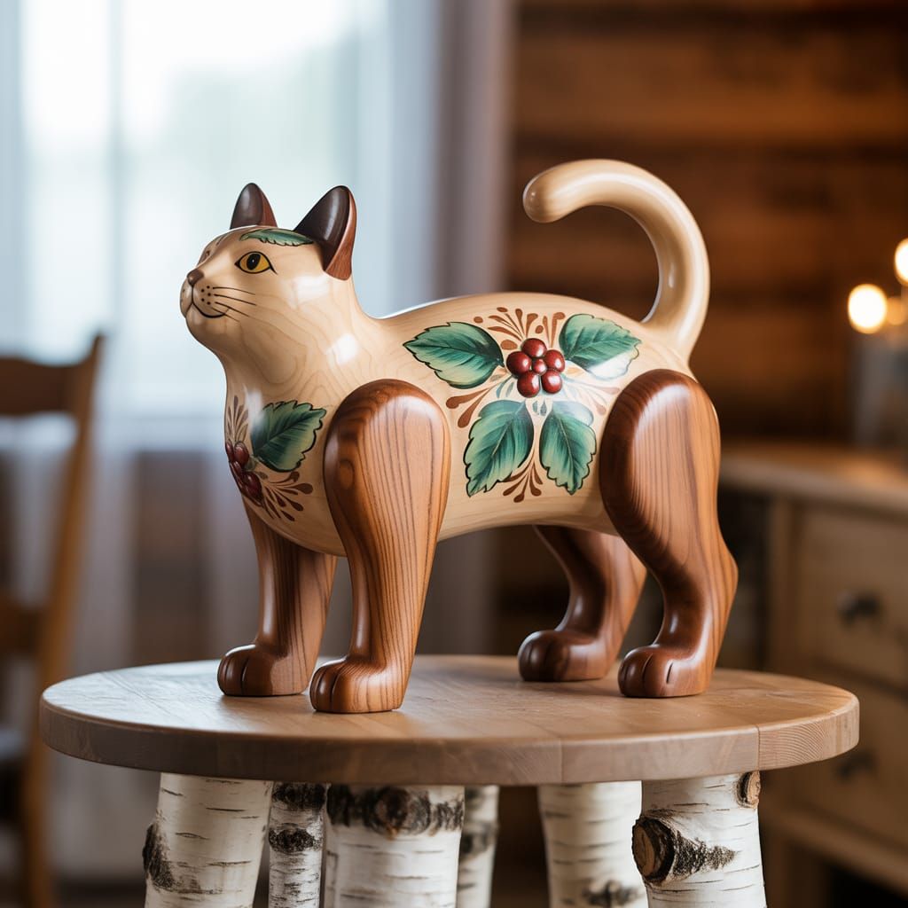 Folk Art Wood Sculpture of a Cat