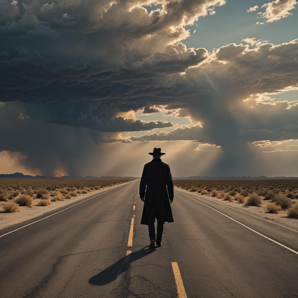 Man in Black on Desert Highway in Film Noir
