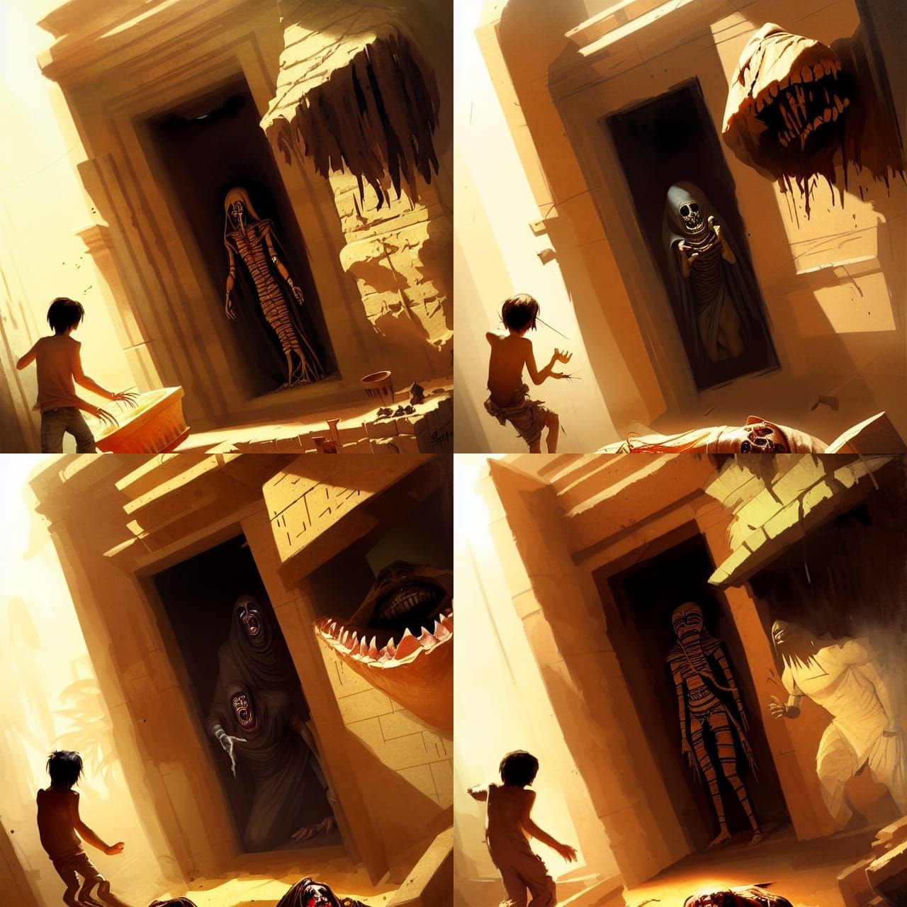 Man Traps Mummy in Sarcophagus: Sinister Fantasy Art