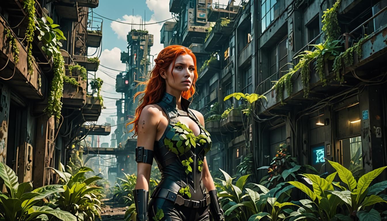 Cyberpunk Poison Ivy in Abandoned City, Detailed Art