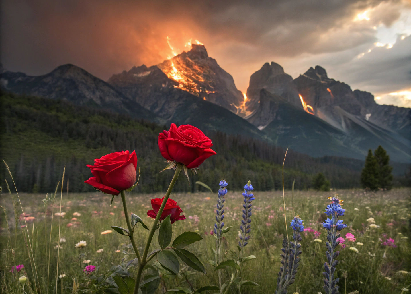 Roses in Wildflower Field with Mountain Flames