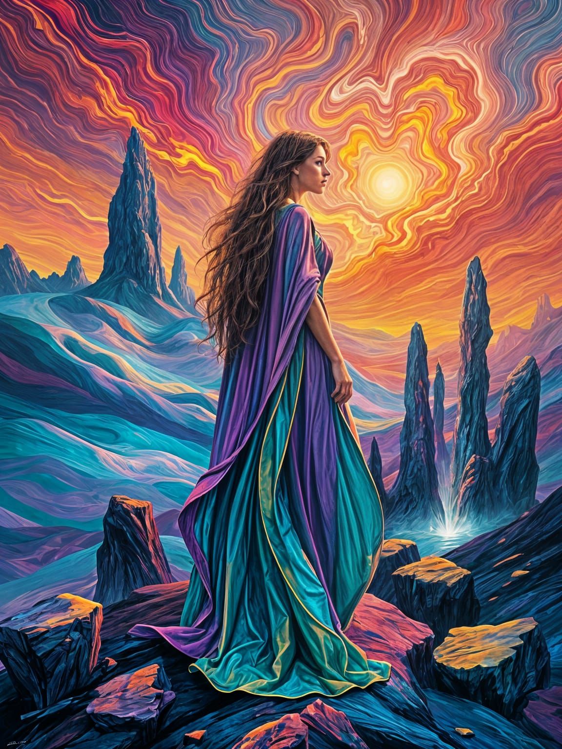 Psychedelic Landscape with Cloaked Woman in Abstract Colors