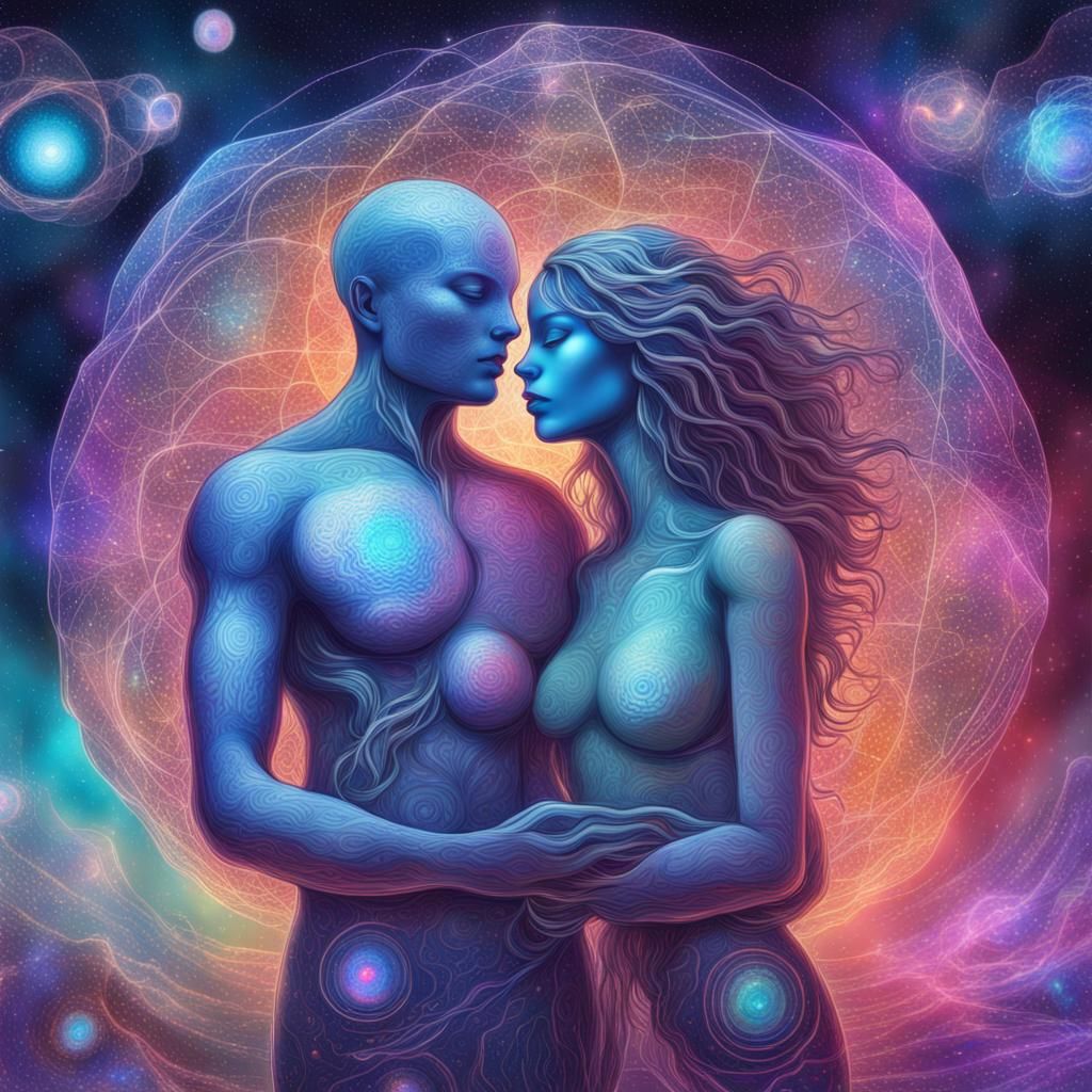 Cosmic Quantum Lovers Illustration in Mixed Media Style