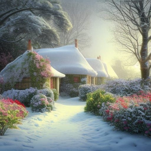 Snowy English Cottage Garden in Winter