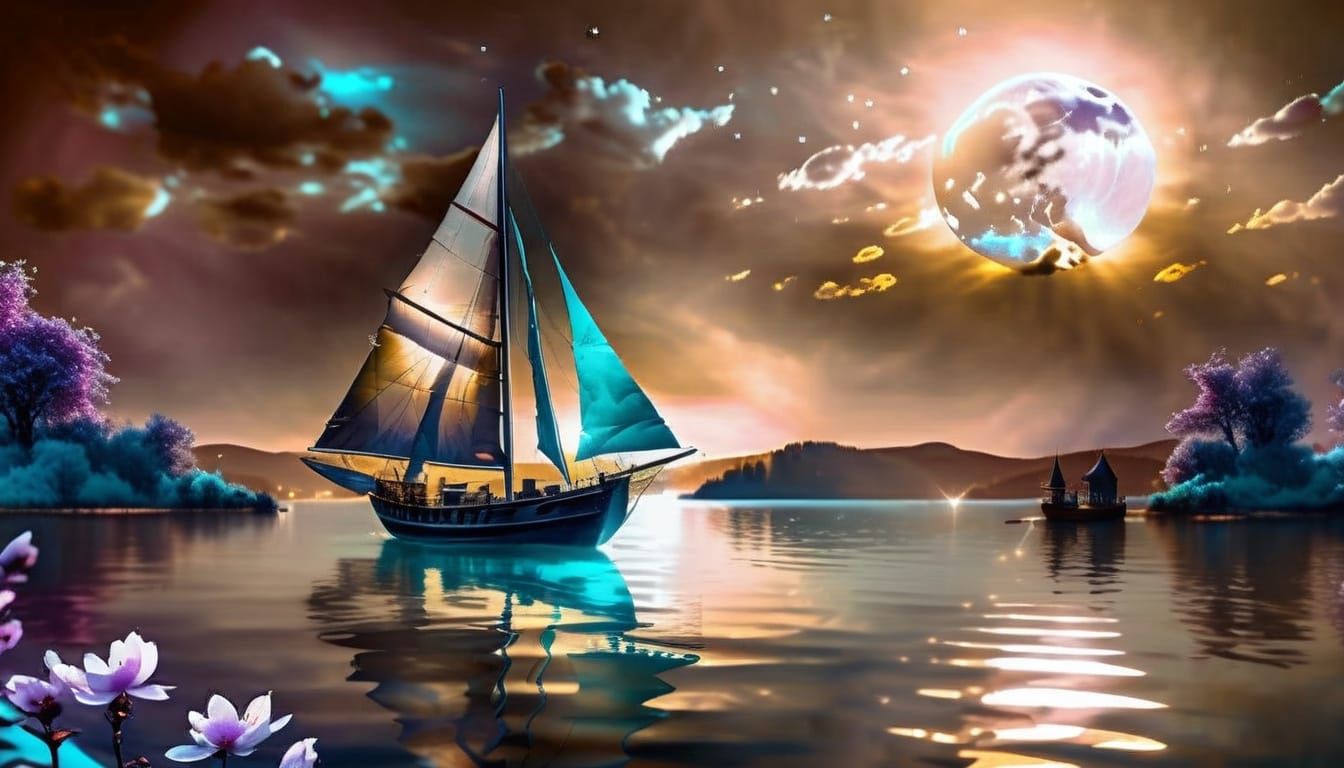 Moonlight Sailboat on Enchanted Lake