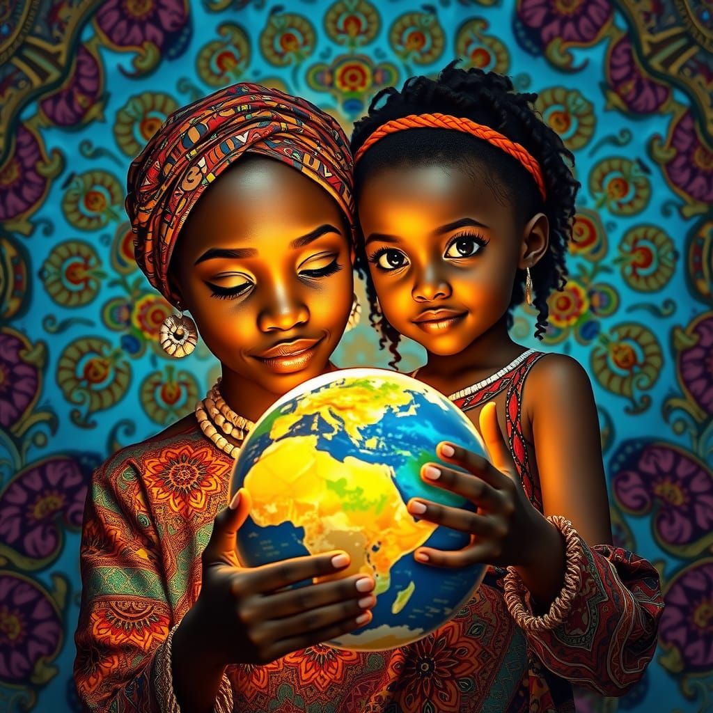 Mother Presents Earth Globe in Hyperrealistic Concept Art