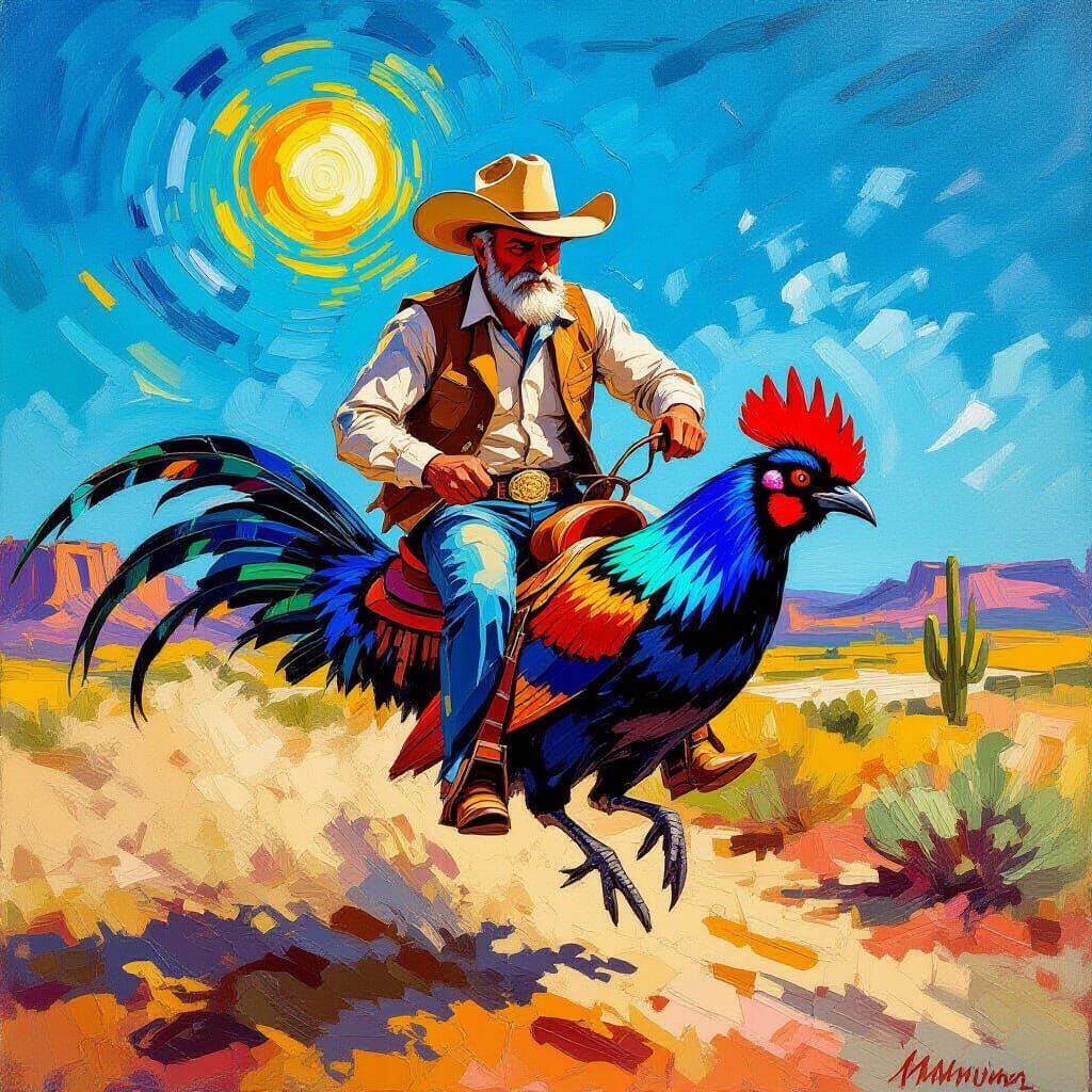 Cowboy Rides Roadrunner in Surreal Desert Chase