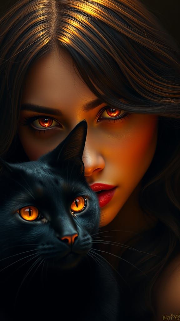 Woman and Black Cat with Glowing Orange Eyes
