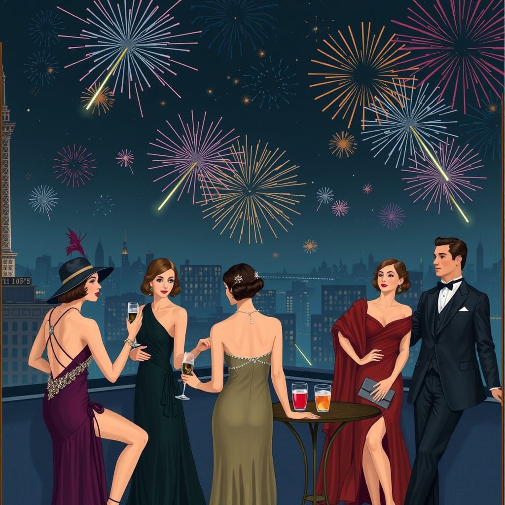 1920s Rooftop Party Under Fireworks