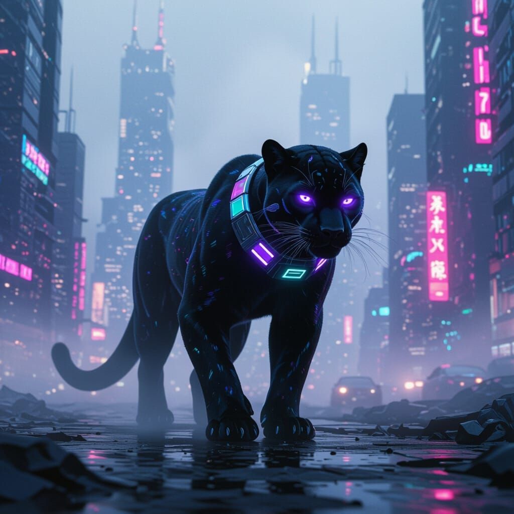 Cyberpunk Panther with Glowing Eyes in Dystopian City