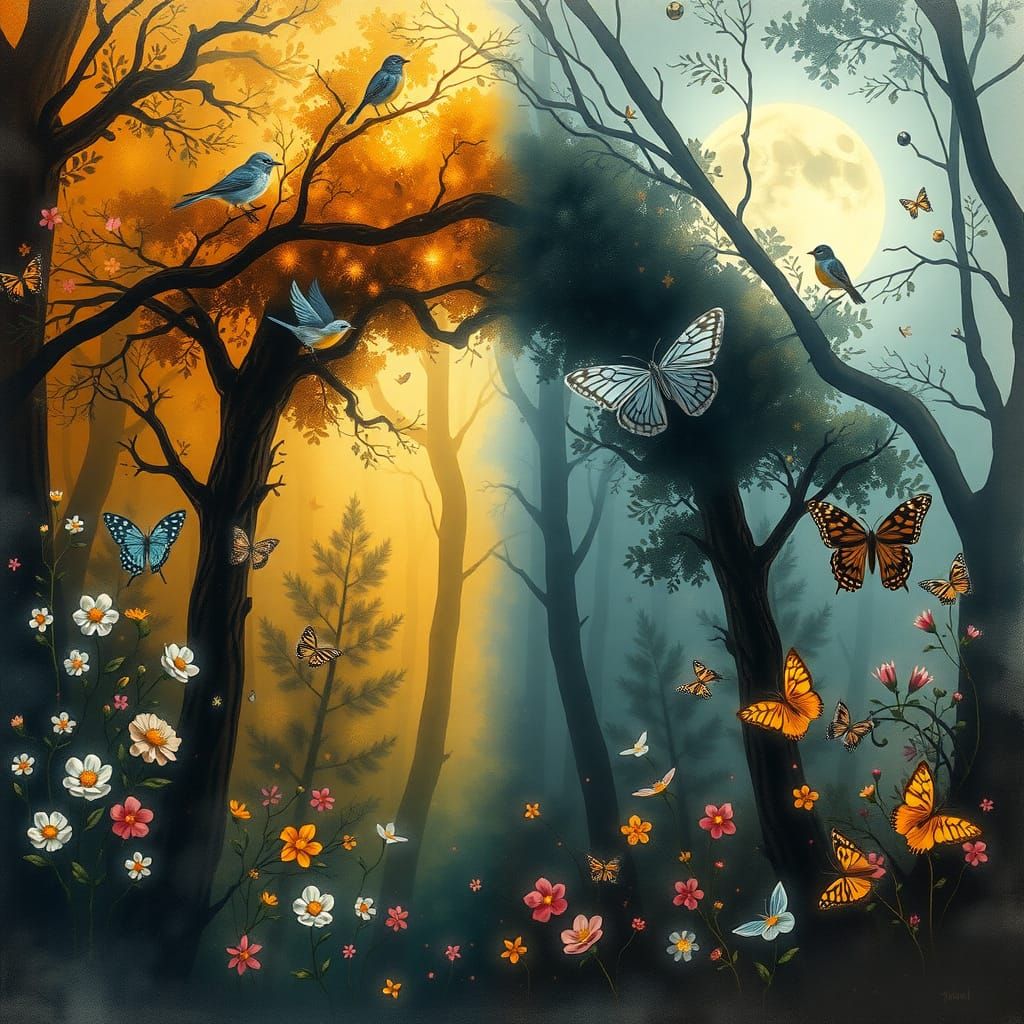 Mystical Forest: Day and Night Divided by Mist