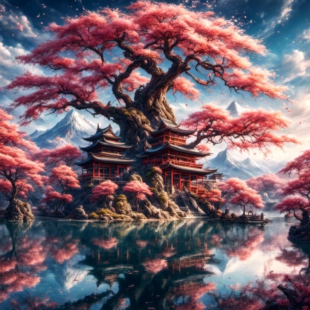 Sakura Tree by Lake with Japanese Temples
