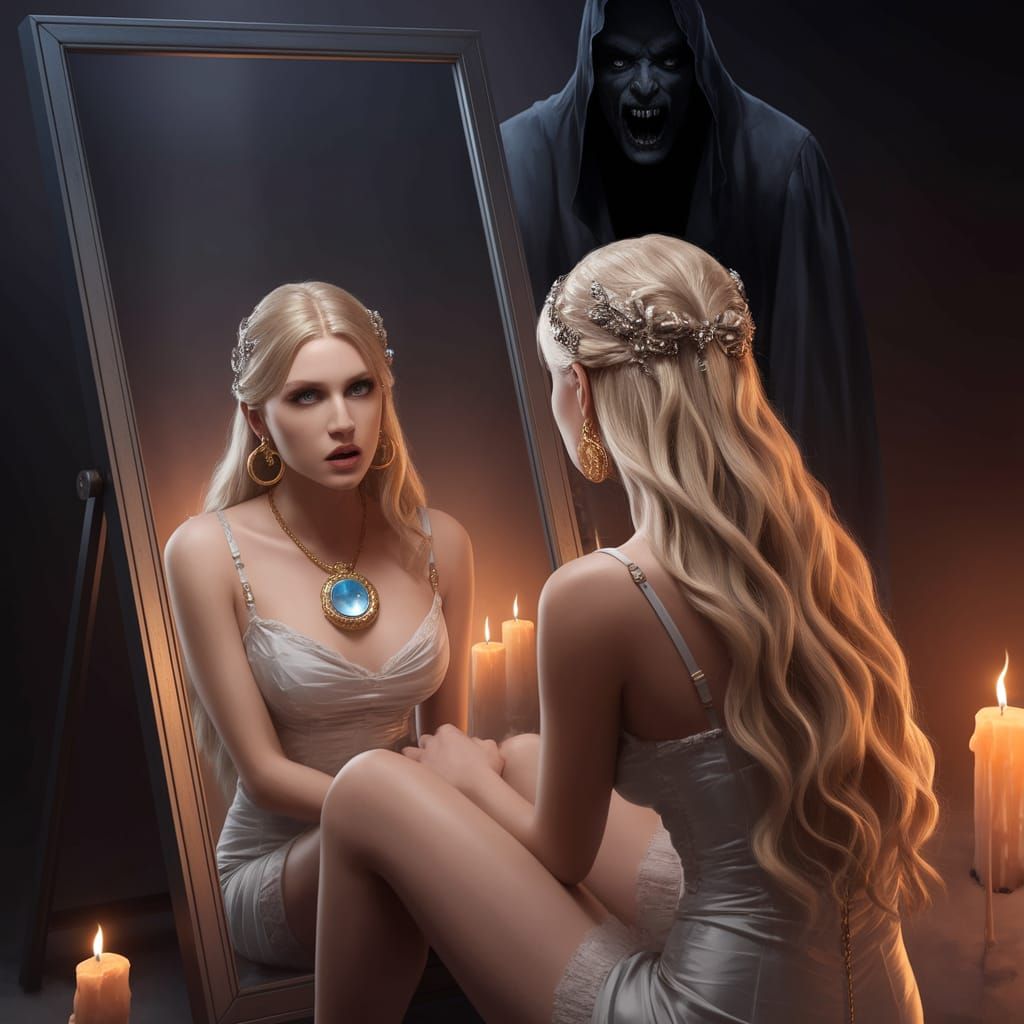 Elegant Blonde in Haunted Hideout, Cyberpunk Aesthetic