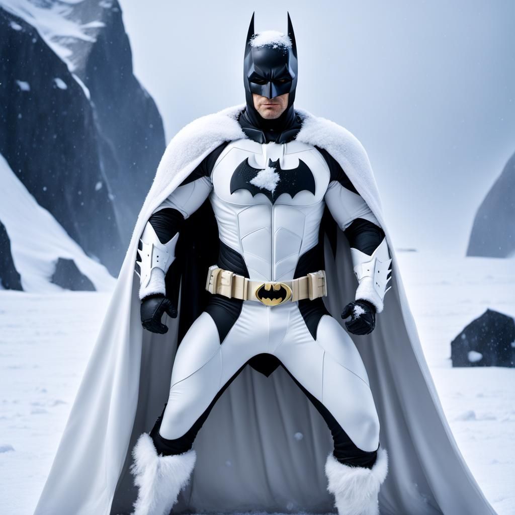 Batman in White Suit Amid Antarctic Snowfall