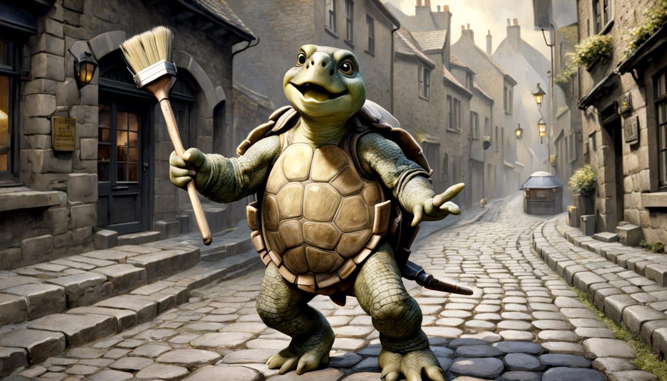 Anthropomorphic Turtle Sings on Cobblestone Street in Waterc...