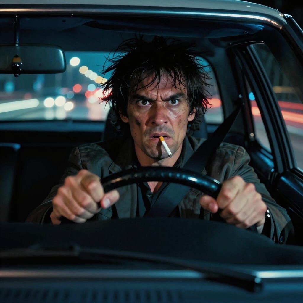 Enraged Man Speeding Through Neon Night in Noir Style